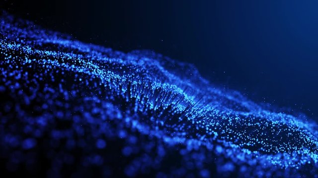 Blue abstract color wave with flowing small particles dance motion on wave and light abstract background.