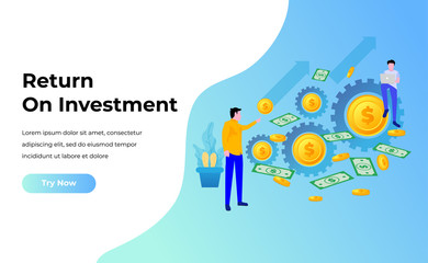 ROI concept, Return on investment, people managing financial chart, profit income, Pile Of Coins. Suitable for web landing page, ui, mobile app, banner template. Vector Illustration.