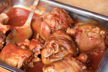 Roasted pork knuckle eisbein with braised boiled cabbage