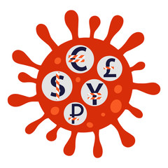 World currencies in Coronavirus molecule. Flat hand drawn illustration.
