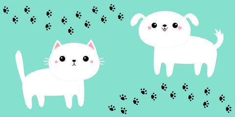 White cat kitten kitty dog puppy icon set. Paw print track. Cute kawaii cartoon funny character. Baby greeting card tshirt sticker template. Happy Valentines Day. Blue background. Flat design.