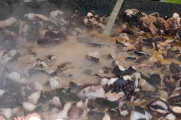 Boiled and seasoned with spices chopped pieces of octopus bites, cooking in a large wok