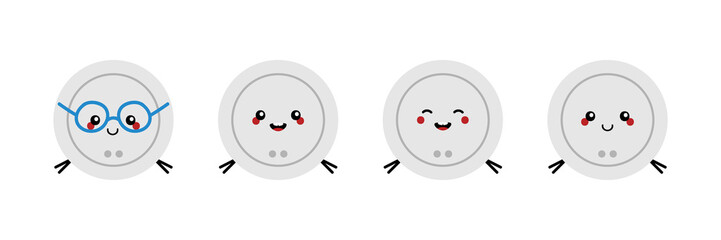 Set, collection of cute smiling cartoon robot vacuum cleaner characters.
