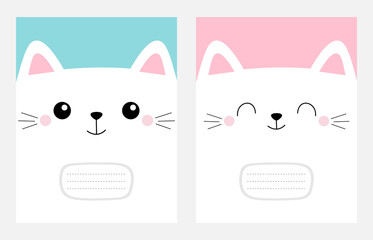 Notebook cover Composition book template. White cat head face square icon set. Cute cartoon kawaii funny character. Moustaches. Pet baby print. Happy Valentines Day. Flat design. Blue pink background.