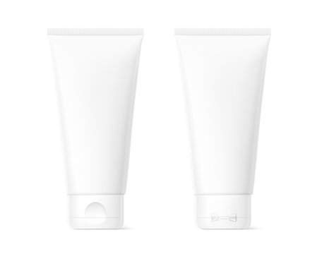 Blank plastic tube mockup for cosmetics with cap. Front and side view. Vector illustration isolated on white background. Can be use for your design, advertising, promo and etc. EPS10.	
