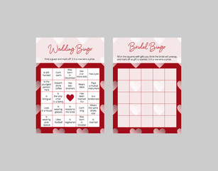 Bridal and wedding bingo game tickets for fun parties. 5 in row game. Romantic layouts with red heart pattern. Easy printable vector templates: 10*14 in