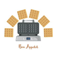 Waffle iron with waffles in the shape of hearts in a cartoon style isolated on white background.