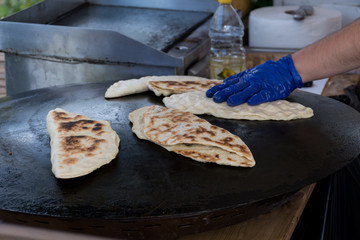 Traditional Turkish dish called gozleme, made of flat bread stuffed with meat or cheese