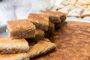 Traditional cataif sweet dessert delights, pastry during hotel brunch buffet