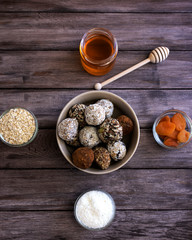 Hazelnuts, cocoa, coconut and dates homemade balls, homemade sweets, healthy quarantined sweets, energy balls for those on a diet