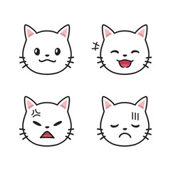 Set of white cat faces showing different emotions for design.