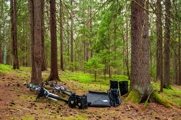 Two white bikes of cyclists lying on the needles floor in coniferous forest with equipment. Bike with bags. Close up. Wandering on bikes. Bikepacking, Sumava, Bohemian, B&ouml;hmerwald, Czech Republic.