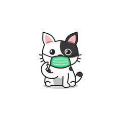 Cartoon character white cute cat wearing protective face mask for design.