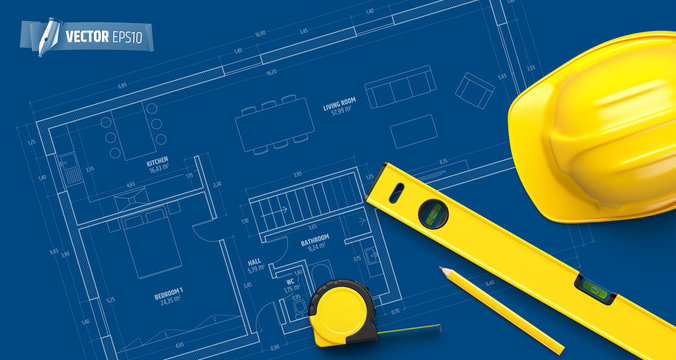 Arri&egrave;re plan bleu avec outils et plan d'architecte vectoriels