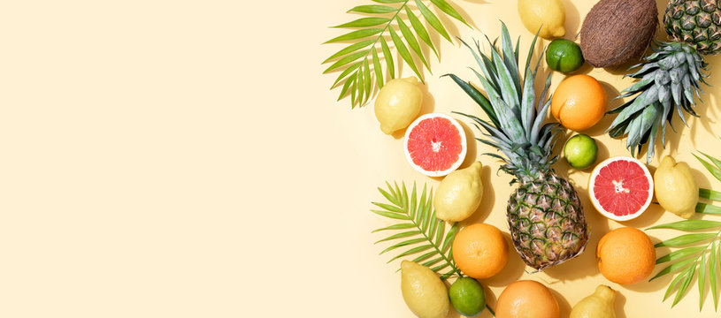 Summer tropical banner or background with fresh fruits and palm leaves