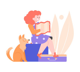 Girl with a map sits on a suitcase. Nearby a cute dog. Children's travel, camping trip, imagination. Vector flat illustration.