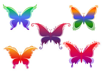 Set Symbolical Butterflies, Colorful Silhouettes Isolated on White Background. Vector