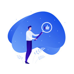 Obraz na płótnie Canvas Social media marketing and customer support service character concept. Vector flat person illustration. Man hold magnifying glass on thumb up icon. Design element for banner, web, infographic.