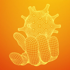 Human Arm Hand with Corona Virus virion of Coronavirus. Connection structure. Vector low poly wireframe mesh illustration