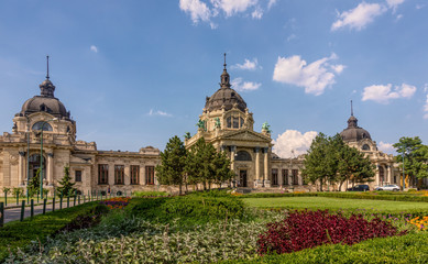 Obraz premium Budapest / Hungary - August 30 2019: Famous Secheni Thermal Pools in Budapest, Hungary. Having fun and bathing people. Wellness complex of public therapeutic pools and saunas for water treatments
