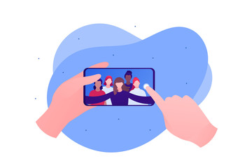 Selfie photo concept. Vector flat person illustration. Hand holding smartphone. Group of women on device screen. Friendship, fun party, Multi-ethnic crowd of people. Design for banner, poster, web.