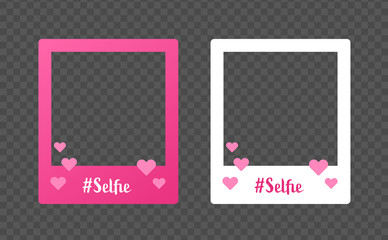 Selfie photo frame for social media concept. Vector flat illustration. Set of pink and white layout with transparent copy space and heart shape. Design element for post, banner, ad, blog, blogging.