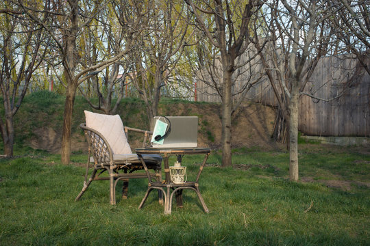 Good Place To Work At Home With Laptop In Green Garden, During The Covid Epidemic