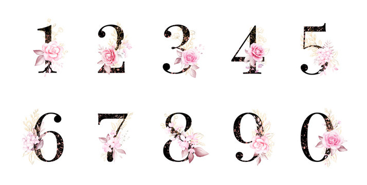 Watercolor floral number set. Digits 1, 2, 3, 4, 5, 6, 7, 8, 9, 0 with botanic decoration. Glitter flowers for wedding invites composition and other design concept