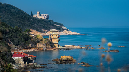 Mount Athos. Greece. October, 20, 2019. Stavronikita Monastery. Coastline view