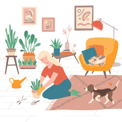 Young woman cultivating and take care home garden.Girl caring for houseplants.Cat sleeping in chair, dog wants to play.Daily life, home routine.Flat cartoon vector illustration.