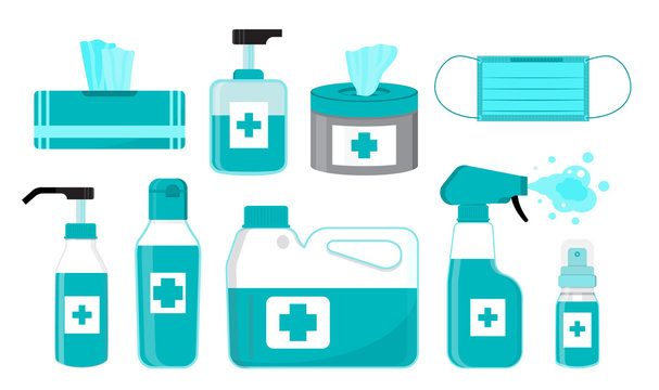 Disinfection Set Vector. Body Hygiene Illustration. Hand Sanitizer Bottles, Surgical Mask, Antiseptic Gel Are Shown. Spray Bottle, Wet Wipes, Liquid Soap Are Shown. Distinctive Liquids PPE.