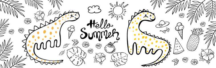 Hand drawn set of dinosaur and tropical leaves on white background. Vector illustration. Perfect for greeting card, postcard, print, banner.