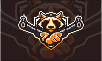 Raccoon head holding two gun, tactical team, Airsoft gun or Paintball club logo. Design element for company logo, emblem, apparel or other merchandise. Scalable and editable Vector illustration