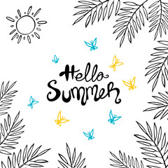 Fototapeta na wymiar Banner Hello Summer and tropical leaves on white background. Vector illustration. Perfect for greeting card, postcard, print, banner.