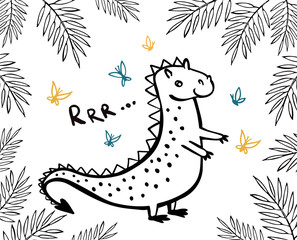 Hand drawn dinosaur and tropical leaves on white background. Vector illustration. Perfect for greeting card, postcard, print, banner.