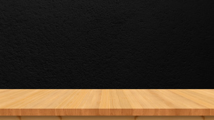 Empty wooden tabletop isolated on dark background. For your product placement or montage with focus to the table top in the foreground. Empty wooden shelf