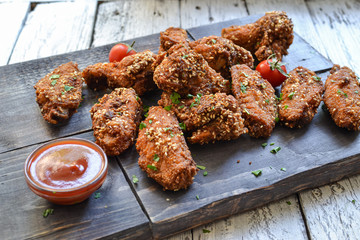Baked chicken wings with sesame seeds. Ketchup and chili sauce. Free space for text. Wooden background. Delicious fried chicken wings. Close up