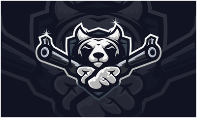 wolf head holding two gun, tactical team, Airsoft gun or Paintball club logo. Design element for company logo, label, emblem, apparel or other merchandise. Scalable and editable Vector illustration