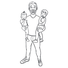 Monochrome comic drawing of an overwhelmed father holding his son and daughter in his arms and screaming. Funny vector illustration, isolated, single parent.