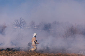 fire among fields, extinguishing action. fireman working in smok