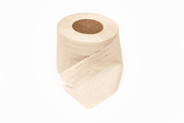 Roll of beige toilet paper on a white background, isolated