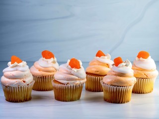 Six, 6, yellow cupcakes lined up with orange and white creamsicle frosting swirled up high and an orange gum drop candy on top.  Decadent delicious dessert for a celebration.