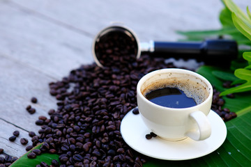 Coffee cup and coffee beans on wooden table background