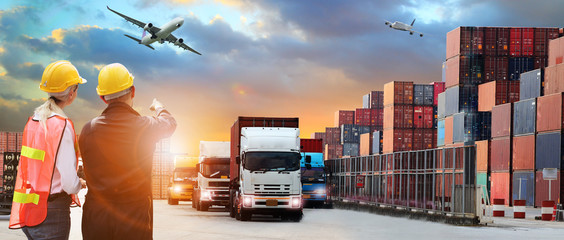 Engineering with logistics background or transportation Industry or shipping business, Container Cargo shipment, truck delivery, airplane, import export Concept - obrazy, fototapety, plakaty