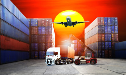  the logistics, there are container truck, ship in port and airplane