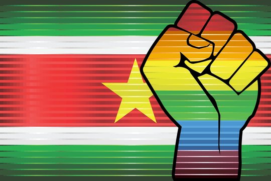 Shiny LGBT Protest Fist on a Suriname Flag - Illustration, 
Abstract Shiny Suriname and Gay flags