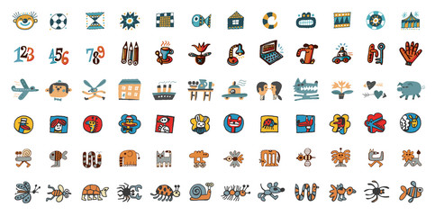 72 icons, doodle design elements, hand drawn illustration, animals and objects, mixed funny characters, set of hand drawn symbols