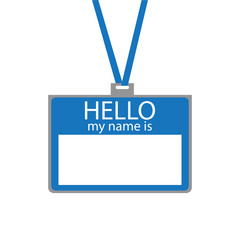 Blue badge on a blue thread, on a white background with the inscription: 