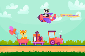 Fototapeta premium Funny animal happy birthday greeting card. Animals are going on train to birthday party. Animals flying on plane in mountains. Cute and beautiful vector landscape.