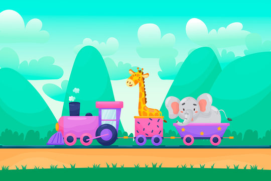 Summer landscape background with funny cartoon animals characters riding railway, flat vector illustration. Children toy train image with african animals.